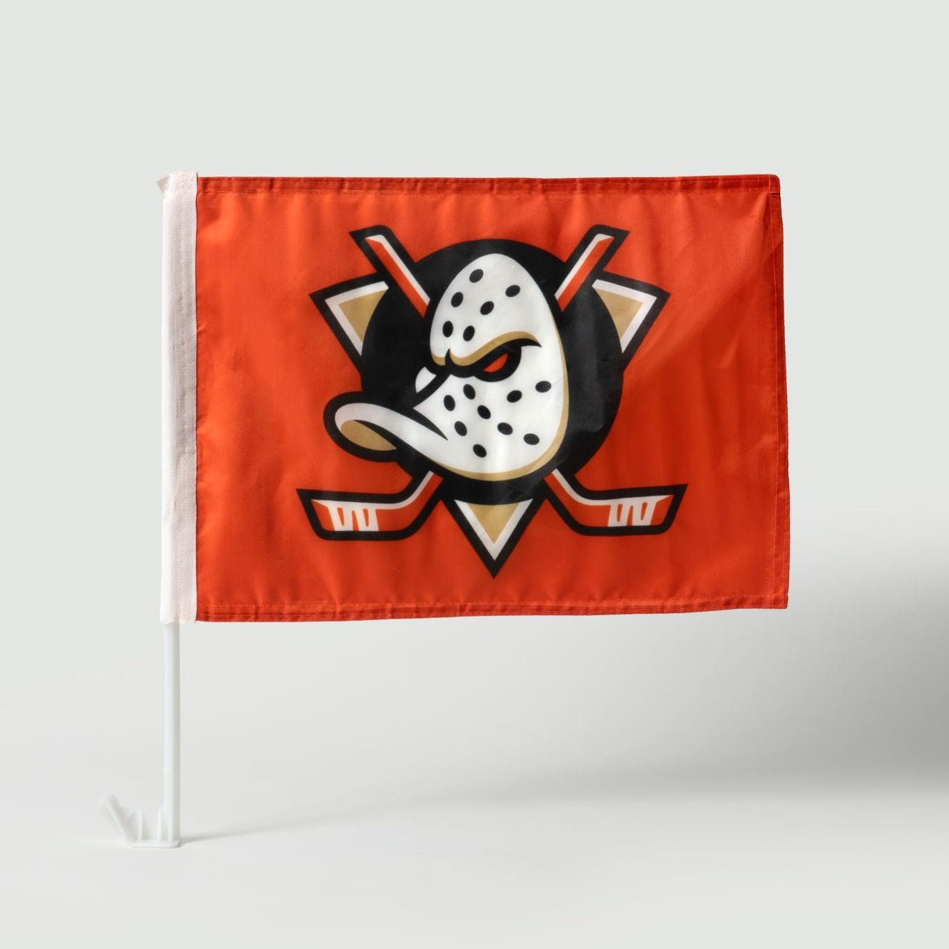 Anaheim Ducks orange car flag with primary logo shown on a white background