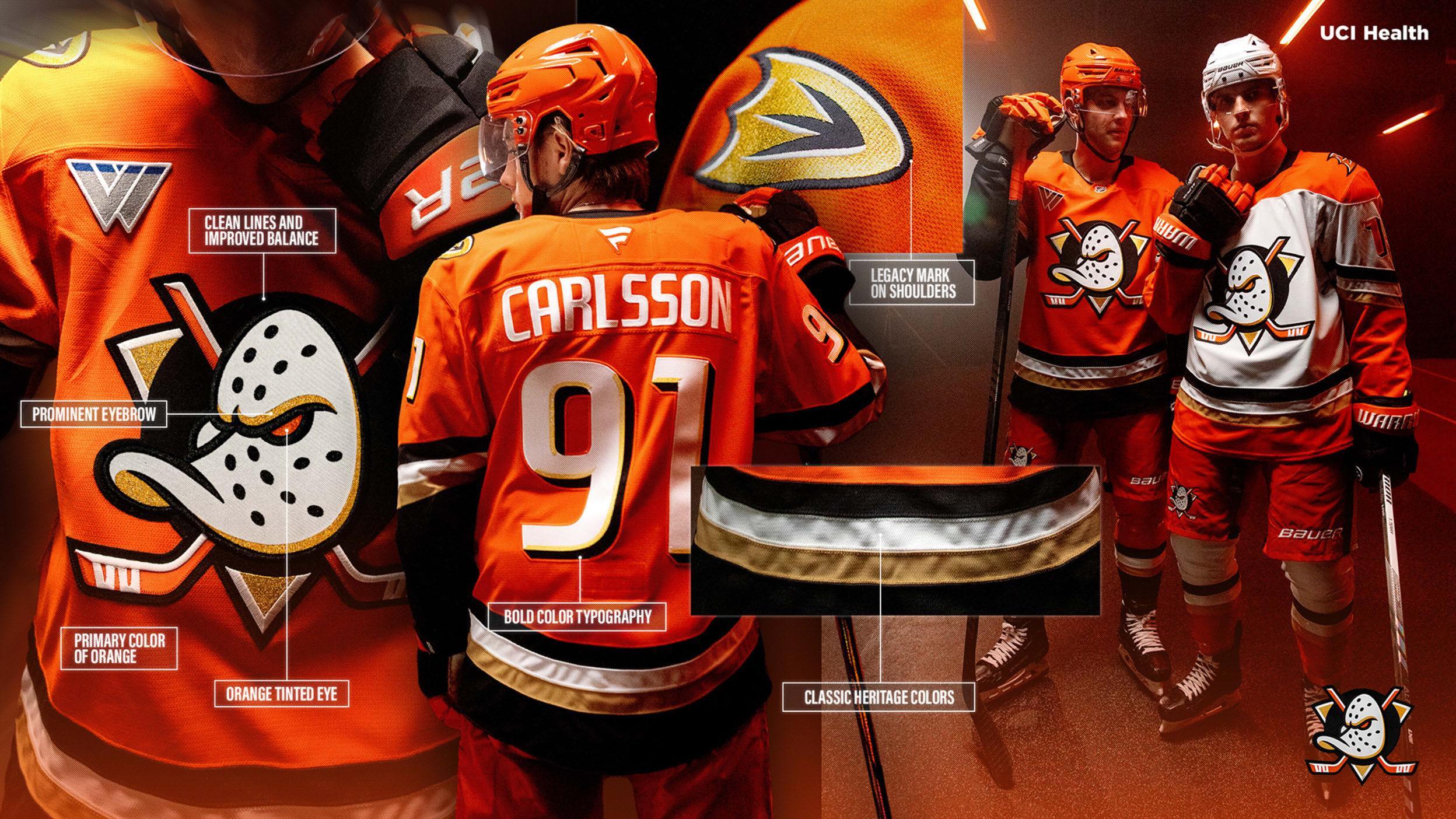 An infographic highlighting the details of the Anaheim Ducks' new 2024–25 uniforms.