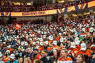 Fans at Honda Center don Wild Wing's mask for the 2025 Anaheim Ducks home opener.